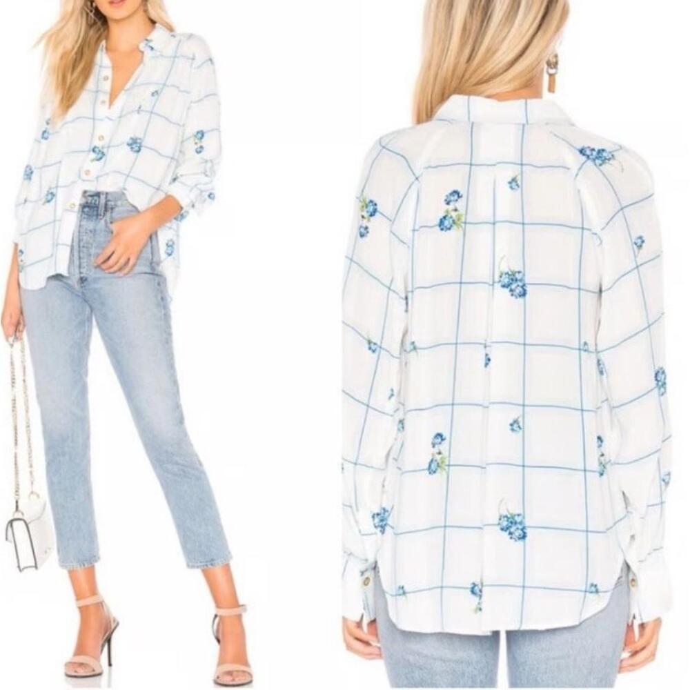 Free People Window To My Heart Button down Small Blue Floral Plaid Collared Boho